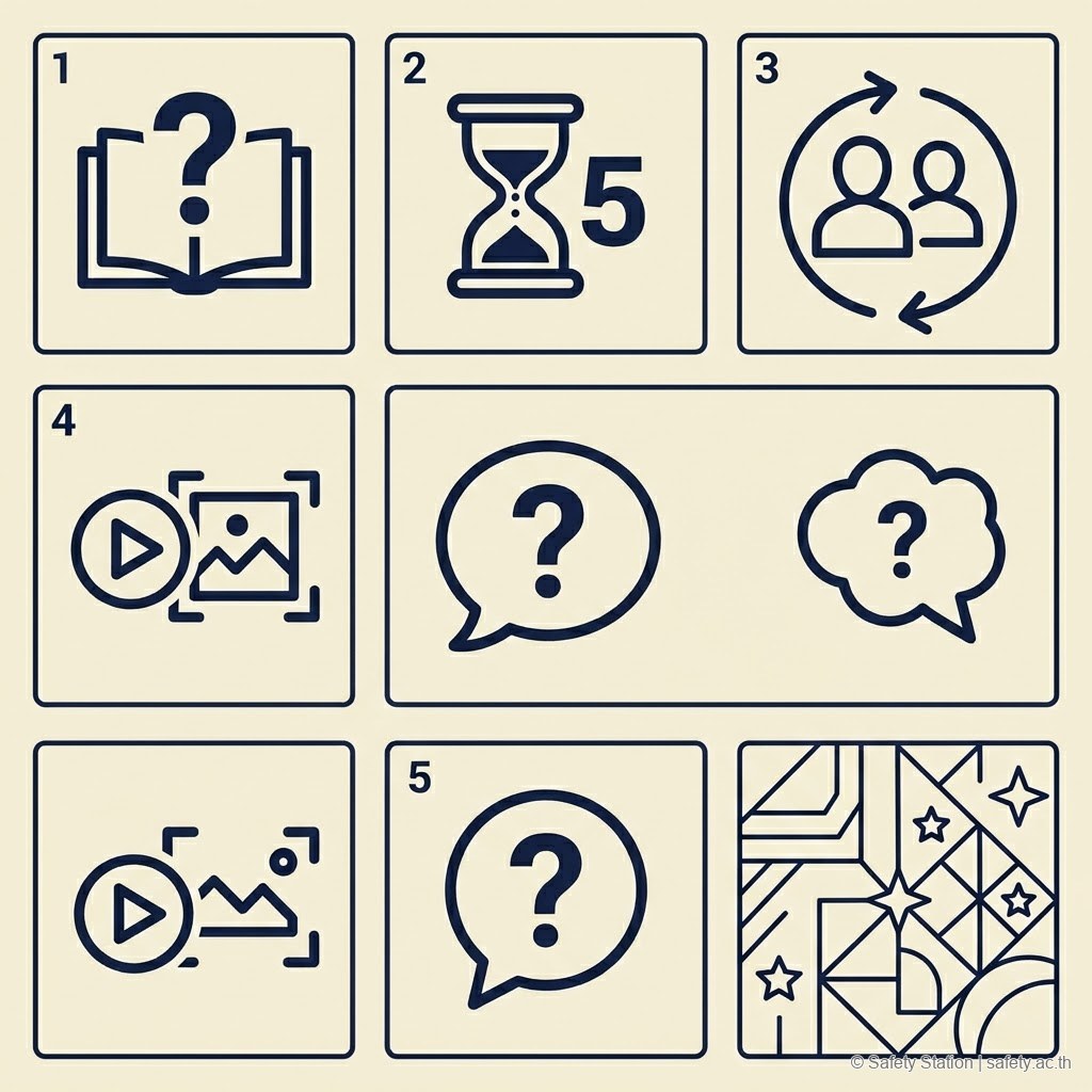 ชุดไอคอน 5 อัน แสดงทริก Toolbox ข้อ 1-5 — เปิดด้วยเคส, 5 นาที/หัวข้อ, สลับลูกน้องนำ, ใช้รูป/วิดีโอ, คำถามปลายเปิด