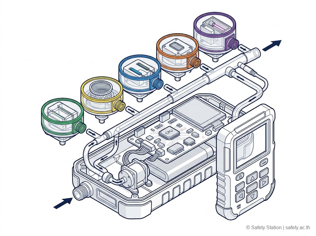 ภาพเปรียบเทียบประเภท sensor ในเครื่องวัดก๊าซ 4-gas และ 5-gas สำหรับงานในที่อับอากาศ