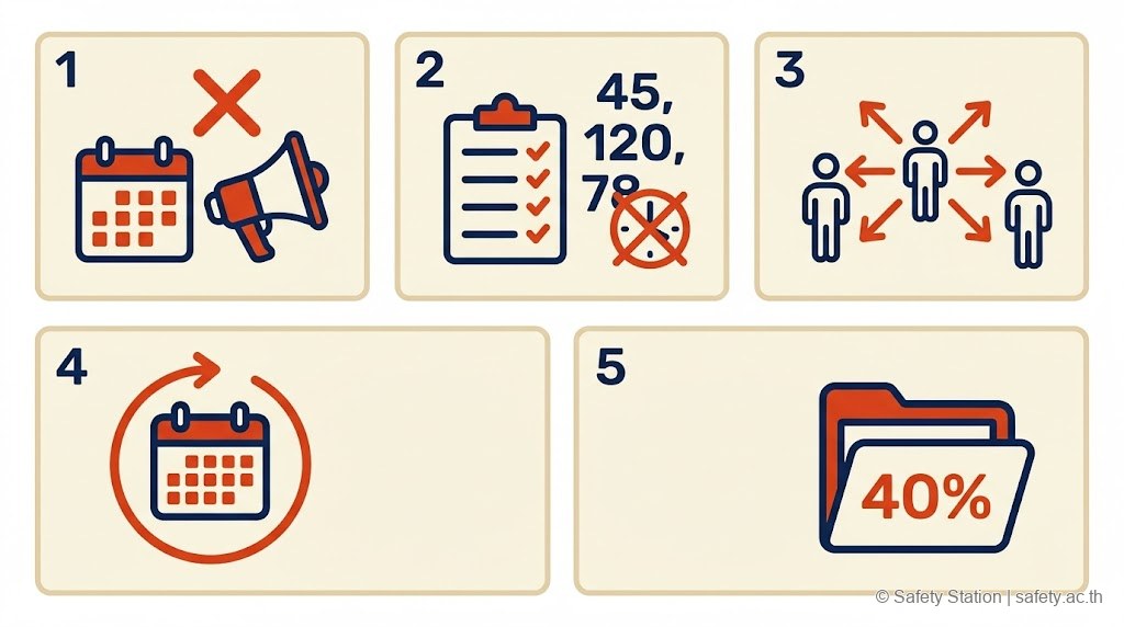 ภาพรวม 5 ข้อผิดพลาดที่ทำให้ Fire Drill ไม่ได้ผล — แจ้ง scenario ล่วงหน้า ไม่วัด response time ไม่มี debrief scenario เดิม และอบรม 40% แค่ในแฟ้ม