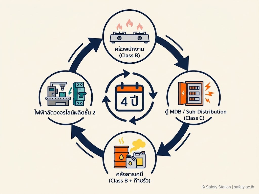 ภาพประกอบ scenario rotation 4 แบบสำหรับ Fire Drill — ครัว, ตู้ MDB, คลังสารเคมี, ไฟฟ้าลัดวงจร หมุนทวนเข็มนาฬิกาในรอบ 4 ปี