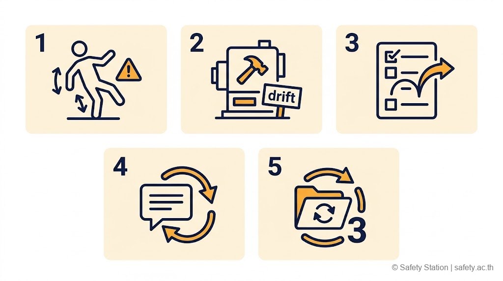 ชุดไอคอน 5 อันแสดงสัญญาณ near-miss ที่ต้องรายงาน — เกือบหก, อุปกรณ์ผิดปกติ, procedure ถูกข้าม, บ่นซ้ำในที่ไม่เป็นทางการ, minor finding ซ้ำ 3 quarter