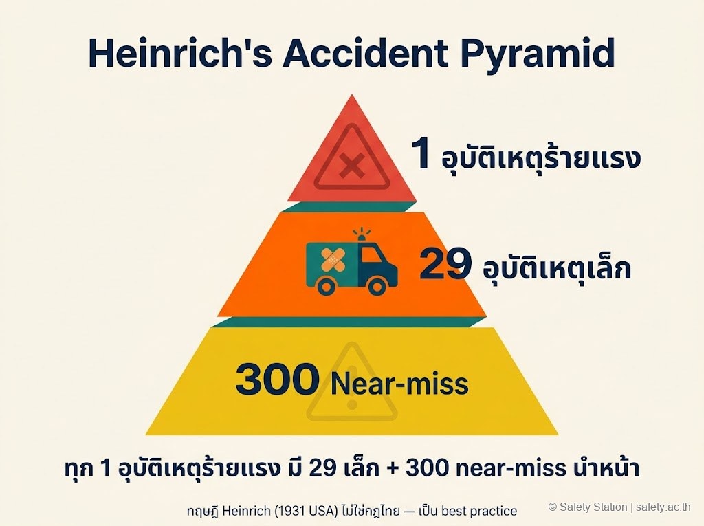 พีระมิด Heinrich 3 ชั้น 1:29:300 — 1 อุบัติเหตุร้ายแรง, 29 อุบัติเหตุเล็ก, 300 near-miss พร้อม disclaimer ว่าเป็นทฤษฎีอเมริกัน 1931 ไม่ใช่กฎไทย