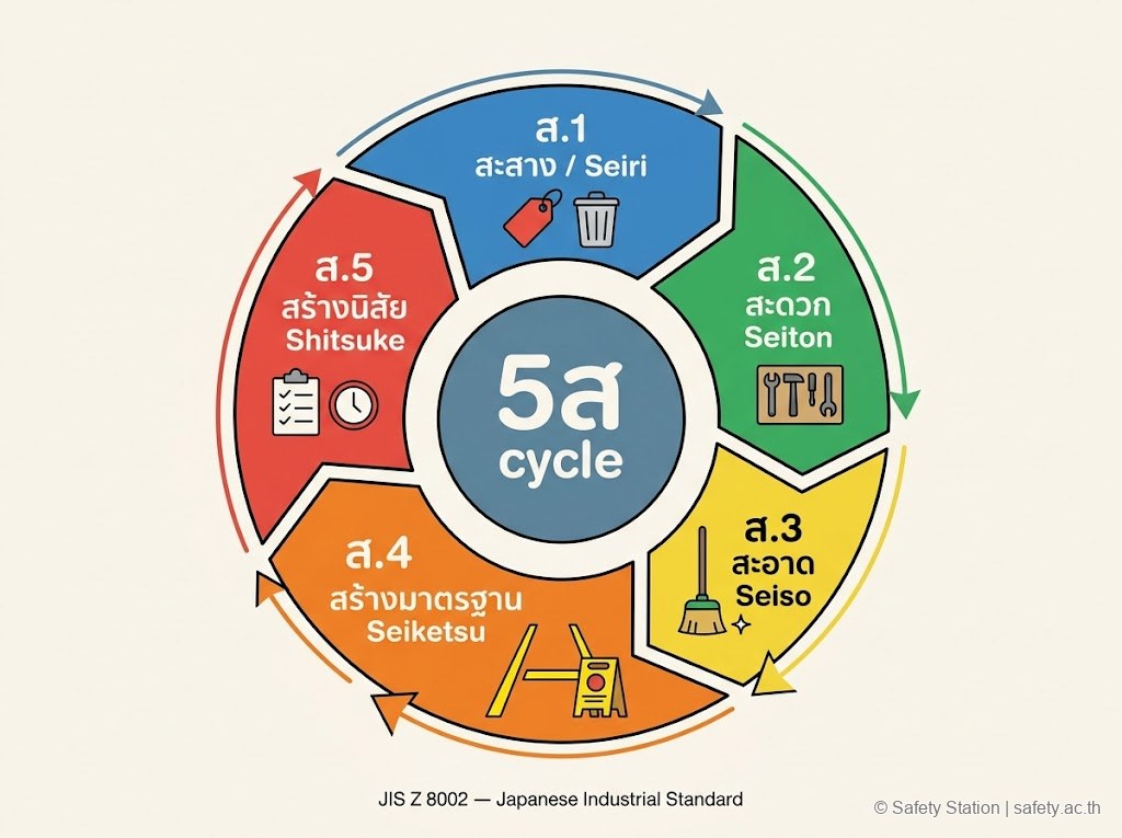 แผนภาพ 5ส cycle วงกลม 5 ขั้น เรียงตามเข็มนาฬิกา — สะสาง สะดวก สะอาด สร้างมาตรฐาน สร้างนิสัย ตาม JIS Z 8002 ของญี่ปุ่น