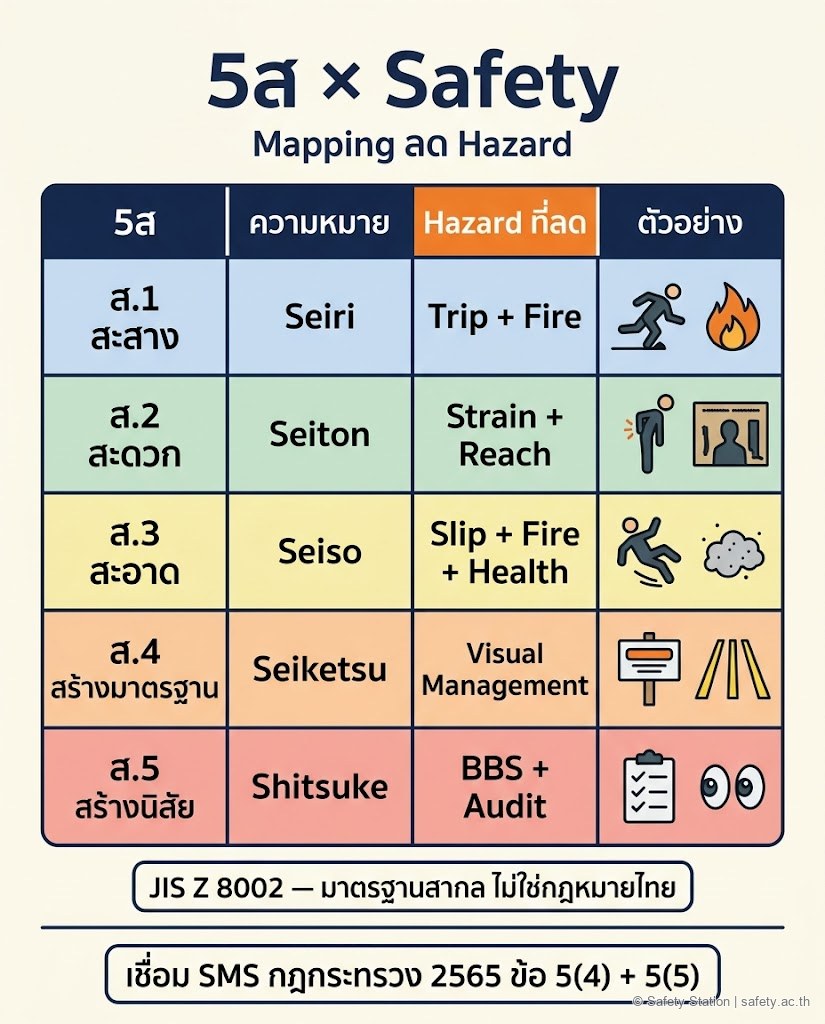 Matrix infographic เปรียบเทียบ 5ส กับประเภท hazard ที่แต่ละ ส. ช่วยลด — สะสางลด trip+fire, สะดวกลด strain, สะอาดลด slip+fire+health, สร้างมาตรฐานเพิ่ม visual management, สร้างนิสัยรองรับ BBS