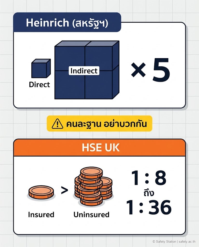 อินโฟกราฟิกเปรียบเทียบอัตราส่วน Heinrich (indirect 4 เท่าของ direct รวม 5 เท่า) กับ HSE UK (insured ต่อ uninsured 1:8 ถึง 1:36) พร้อมเตือนว่าวัดคนละฐาน อย่าบวกกัน