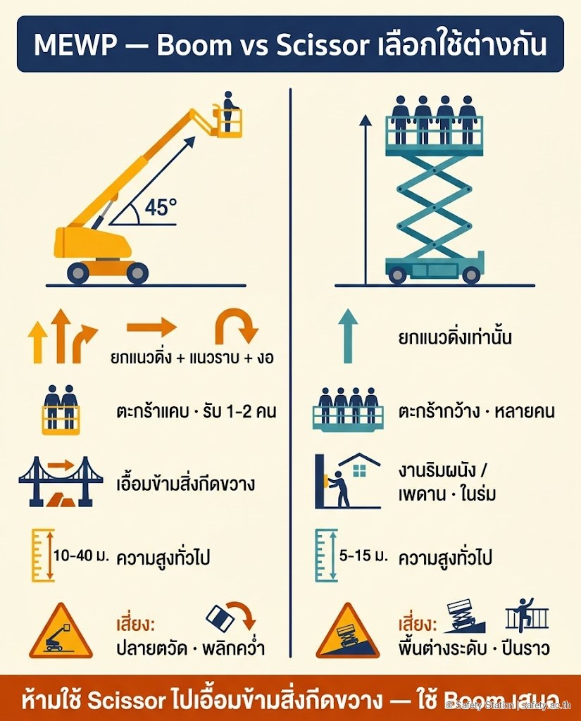 อินโฟกราฟิกแนวตั้งเปรียบเทียบ Boom Lift (ยืดแนวราบ ตะกร้าแคบ 1-2 คน 10-40 ม.) กับ Scissor Lift (ยกแนวดิ่ง ตะกร้ากว้าง หลายคน 5-15 ม. ในร่ม) พร้อมคำเตือนห้ามใช้ Scissor เอื้อมข้ามสิ่งกีดขวาง