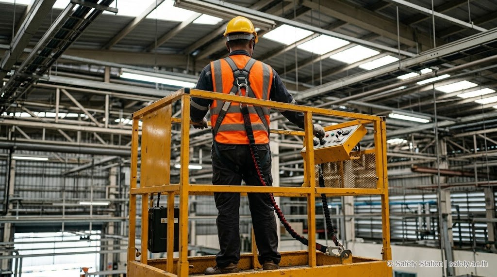 ช่างชายไทยสวมหมวกเหลืองและ Full-body Harness บนตะกร้า Scissor Lift คล้อง Lanyard เข้ากับ Anchor Point ของตะกร้า (ไม่ใช่ราว) ในโรงงานอุตสาหกรรมไทย