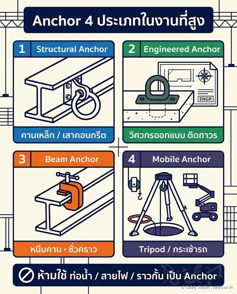 อินโฟกราฟิกแนวตั้ง Anchor 4 ประเภท — Structural Anchor (คานเหล็ก) Engineered Anchor (วิศวกรออกแบบ) Beam Anchor (หนีบคาน) Mobile Anchor (Tripod) พร้อมคำเตือนห้ามใช้ท่อน้ำหรือราวกั้นเป็น Anchor