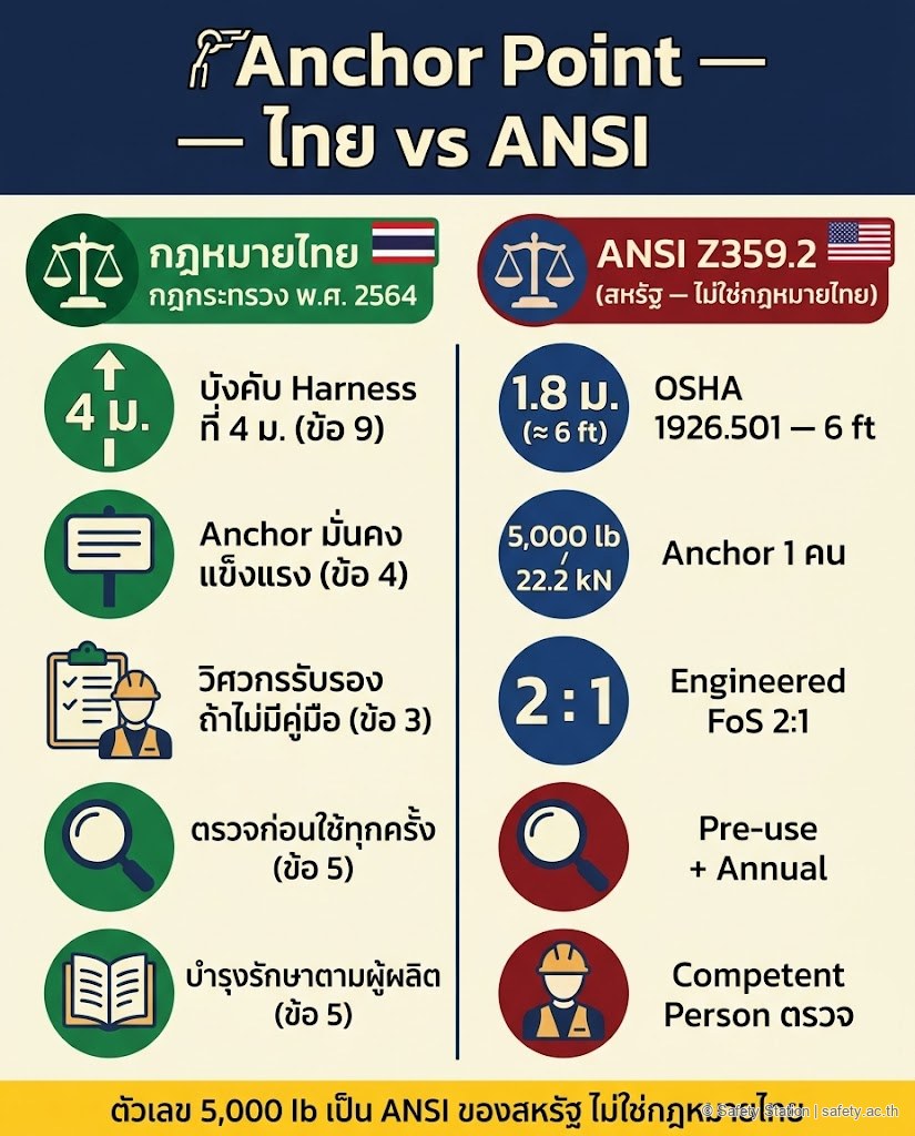 อินโฟกราฟิกแนวตั้งเปรียบเทียบเกณฑ์ Anchor Point ระหว่างกฎหมายไทย กฎกระทรวง พ.ศ. 2564 (มั่นคง แข็งแรง 4 ม.) กับมาตรฐาน ANSI Z359.2 ของสหรัฐ (5,000 ปอนด์ 22.2 kN) — มี disclaimer ว่า 5,000 ปอนด์ไม่ใช่กฎหมายไทย