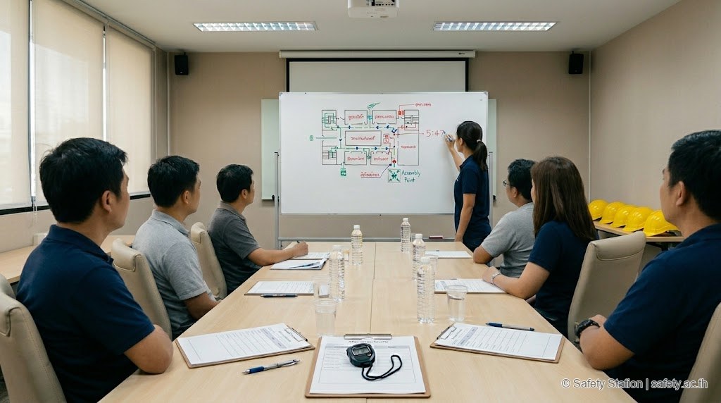 ห้องประชุม After-Action Review หลังซ้อมหนีไฟ — จป. ยืนชี้แผนผังการอพยพและเวลา 5:47 บน whiteboard ผู้เข้าร่วมประชุม 6 คนหันหน้าฟัง พร้อม clipboard แบบฟอร์มและ stopwatch บนโต๊ะ