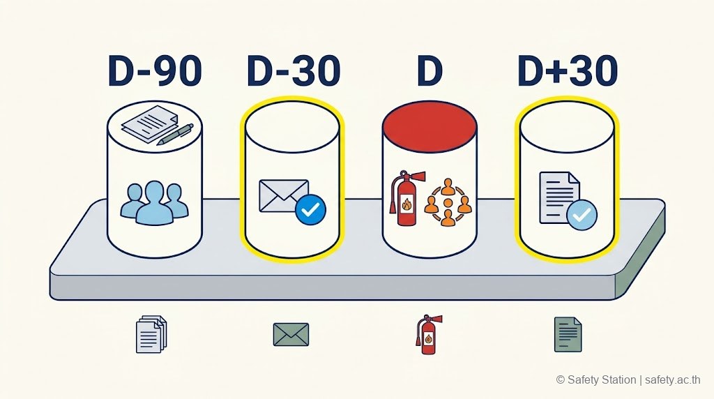 ภาพรวม timeline 90 วันของแผนซ้อมหนีไฟประจำปี — เริ่มเตรียมแผน 90 วันก่อนซ้อม · ส่งแผนให้กรมฯ 30 วันก่อนซ้อม · วันซ้อม · ส่งรายงาน 30 วันหลังซ้อม