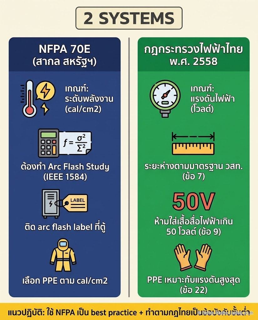 อินโฟกราฟิกเปรียบเทียบ 2 ระบบกำหนด PPE arc flash — ฝั่ง NFPA 70E (สากล) ใช้เกณฑ์ระดับพลังงาน cal/cm2 ต้องทำ arc flash study และติด label เลือก PPE ตามพลังงาน vs ฝั่งกฎกระทรวงไฟฟ้าไทย 2558 ใช้เกณฑ์แรงดันไฟฟ้า ระยะห่างตาม วสท. (ข้อ 7) เกณฑ์ 50 โวลต์ (ข้อ 9) PPE เหมาะกับแรงดัน (ข้อ 22)