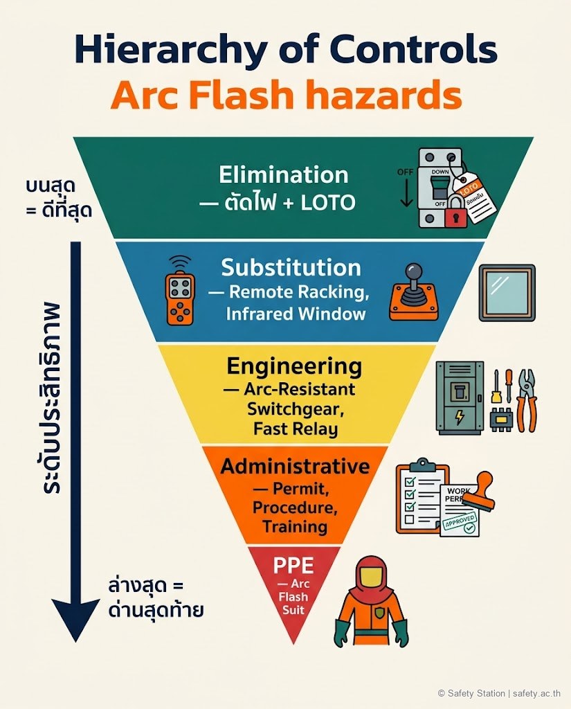 พีระมิด Hierarchy of Controls 5 ชั้นสำหรับ Arc Flash hazard — Elimination LOTO อยู่บนสุด, Substitution, Engineering, Administrative, PPE Arc Flash Suit เป็นด่านสุดท้าย