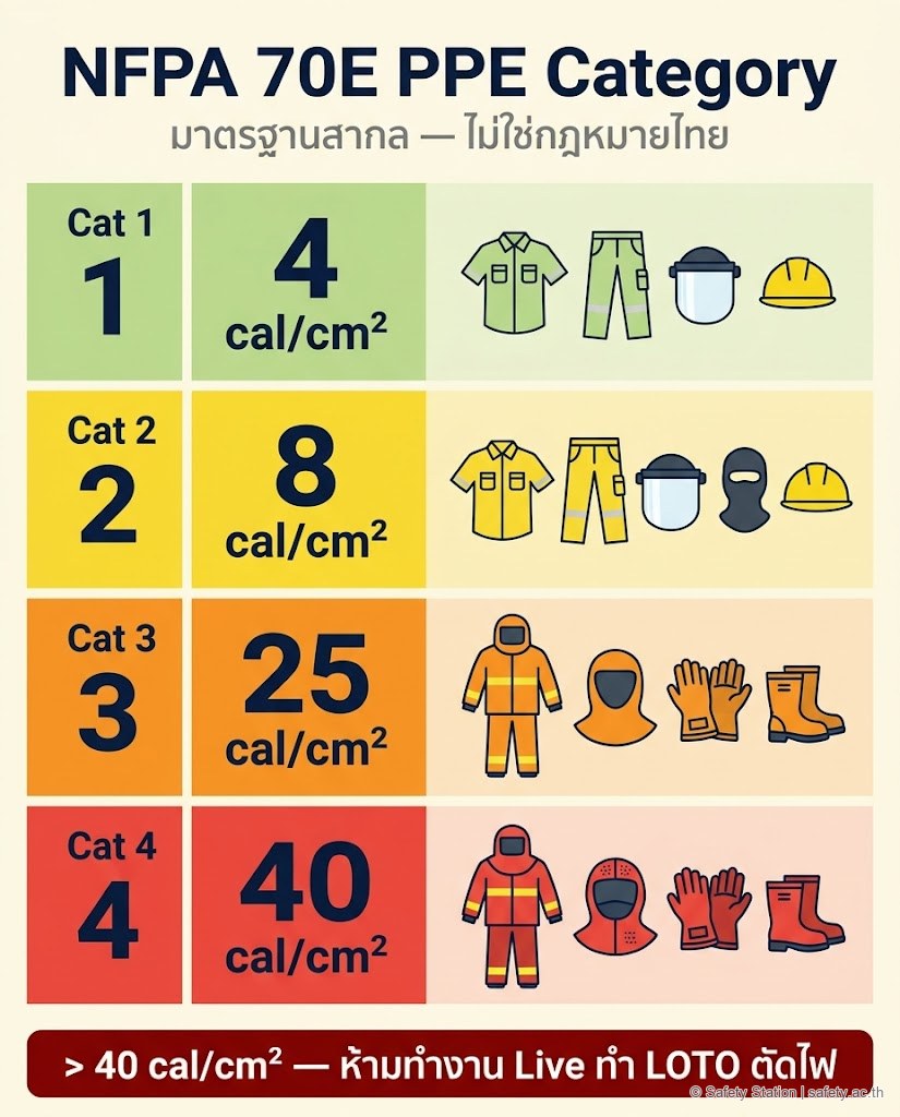 อินโฟกราฟิกแนวตั้ง NFPA 70E PPE Category 1-4 — Cat 1 ที่ 4 cal/cm², Cat 2 ที่ 8 cal/cm², Cat 3 ที่ 25 cal/cm², Cat 4 ที่ 40 cal/cm² พร้อมเตือนห้ามทำงาน Live เกิน 40 cal/cm²