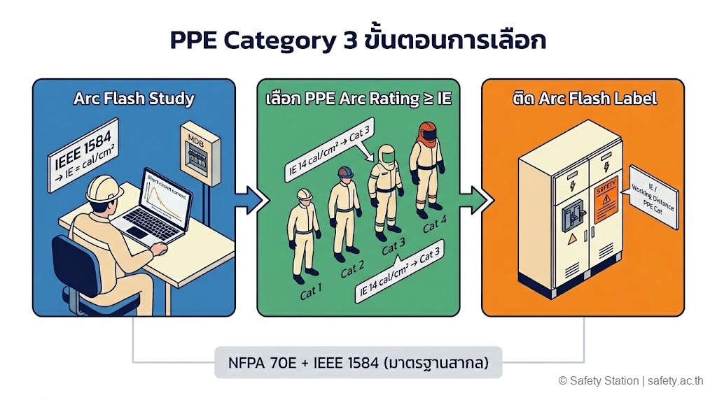 แผนภาพ isometric 3 ขั้นตอนเลือก Arc Flash PPE — ทำ Arc Flash Study, เลือกชุด arc rating สูงกว่า Incident Energy, ติด Arc Flash Label ที่ตู้
