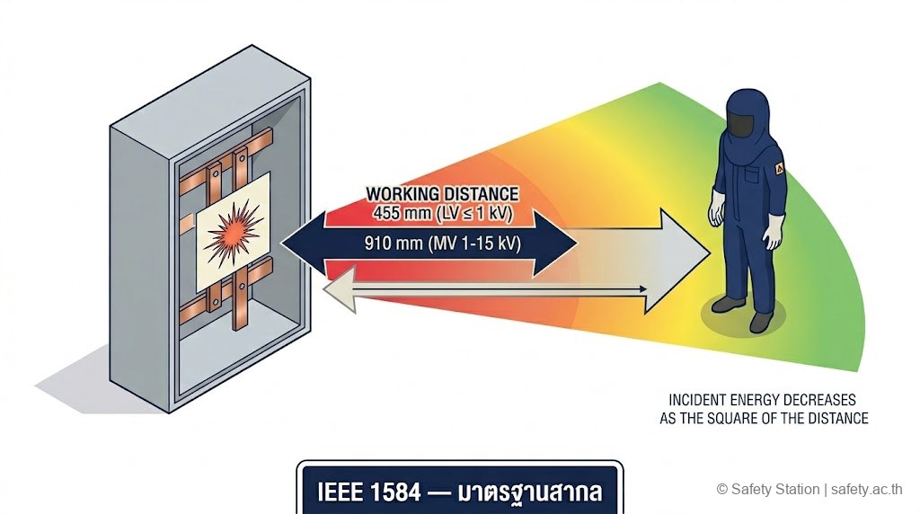 แผนภาพ isometric แสดง Working Distance ตามมาตรฐาน IEEE 1584 — 455 mm สำหรับ LV Switchgear และ 910 mm สำหรับ MV พร้อมโซนพลังงาน Incident Energy ที่ลดตามระยะ