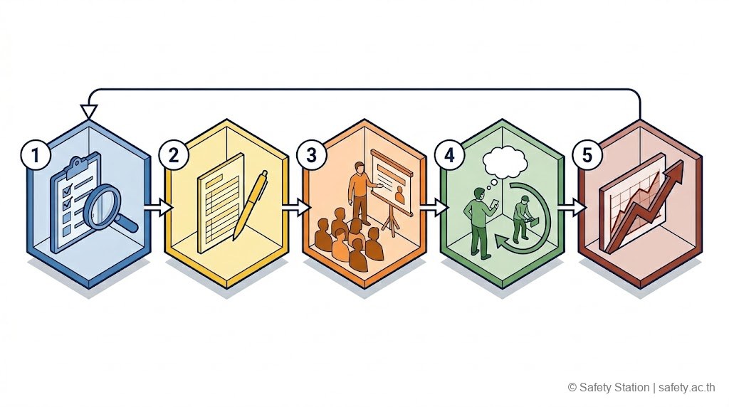 อินโฟกราฟิก isometric 5 ขั้นของกระบวนการ BBS — Identify Critical Behaviors, Design Observation Card, Train Observers, Observe+Feedback, Trend Data+Improve พร้อม feedback loop