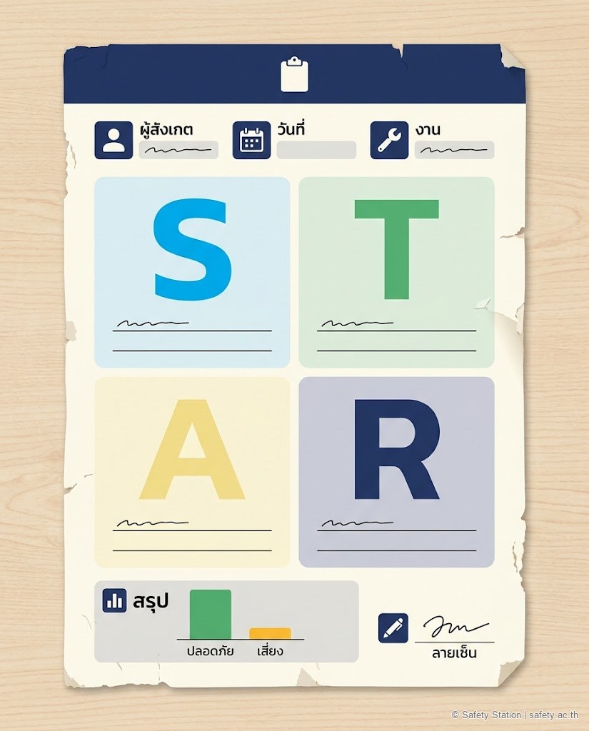 อินโฟกราฟิก 4:5 จำลอง BBS Observation Card 1 หน้า แสดง 4 ช่อง S-T-A-R Format ขนาดใหญ่ พร้อมช่อง meta ข้อมูล กราฟ ratio Safe vs At-risk และช่องลายเซ็น โทนฟ้า-เขียว coaching
