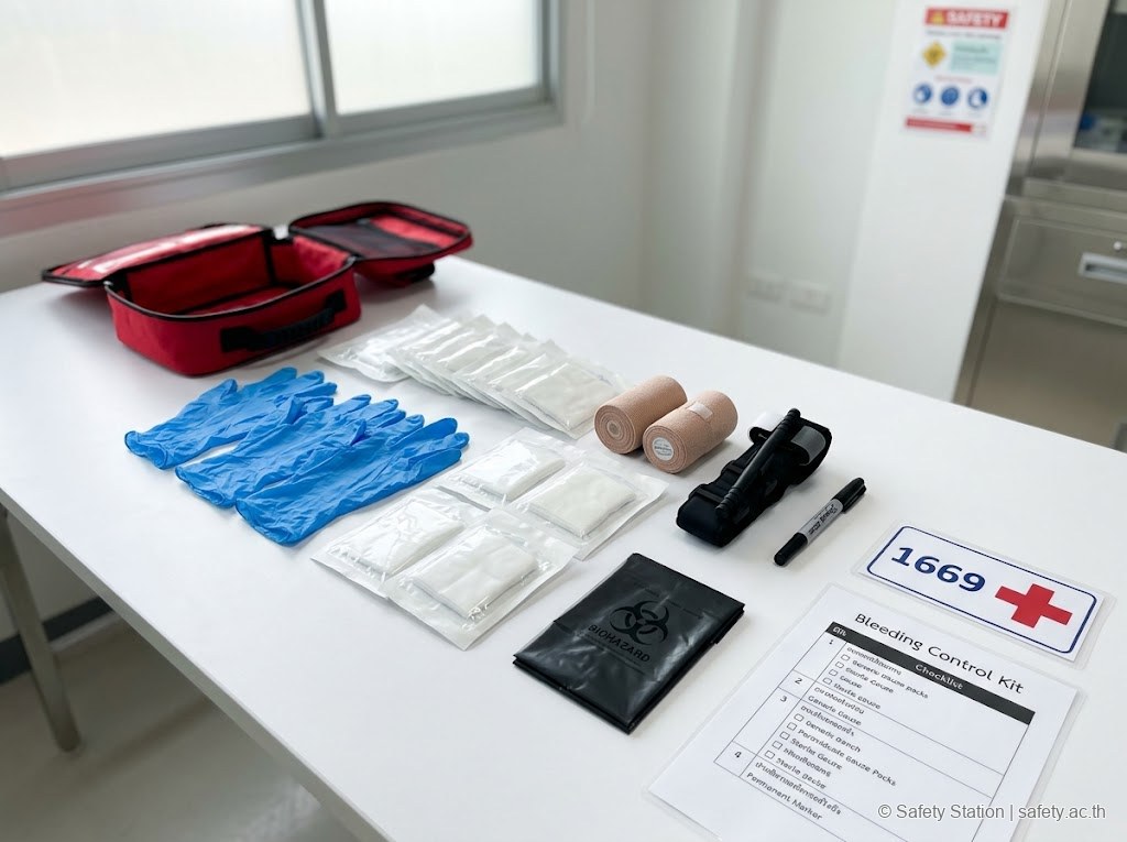 Bleeding Control Kit จัดวางบนโต๊ะในห้องปฐมพยาบาลโรงงานไทย — ถุงมือ nitrile 5 คู่ ผ้าก๊อซ sterile 10 แพ็ค ผ้าพันแผล Tourniquet สำเร็จรูป ปากกา marker และถุง biohazard
