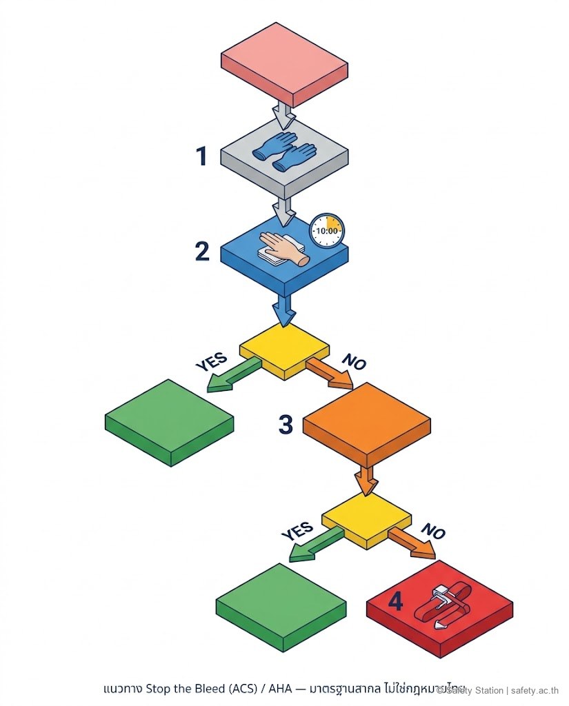 ภาพ flowchart 4 ขั้นห้ามเลือด — เลือดออก ตรวจปลอดภัย ใส่ถุงมือ Direct Pressure 10 นาที ตรวจหยุด เพิ่มผ้าทับ Tourniquet ถ้าจำเป็น