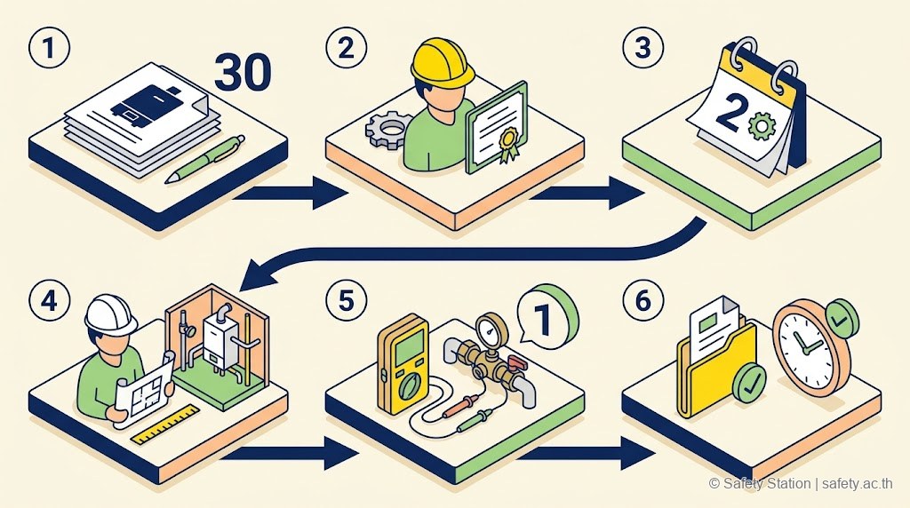 ภาพ isometric หน้าที่ต่อเนื่องของนายจ้างเรื่องหม้อน้ำ 6 ขั้น — แจ้งใช้ 30 วัน จัดผู้ควบคุม อบรมทบทวน 2 ปี วิศวกรควบคุมติดตั้ง ทดสอบประจำปี แจ้งผล 30 วัน