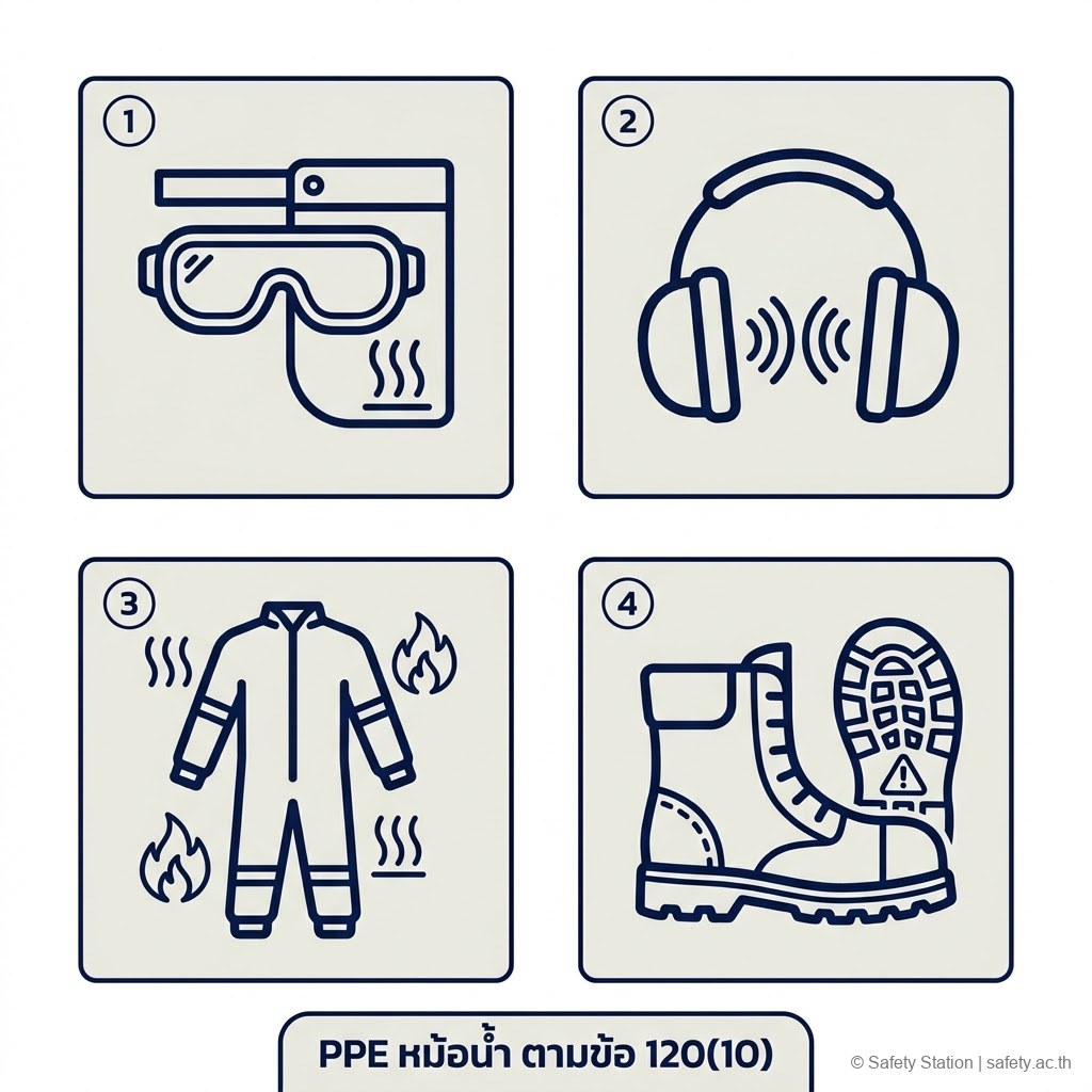 ชุดไอคอน 4 ชิ้น PPE สำหรับงานหม้อน้ำตามข้อ 120(10) — แว่นตา/หน้ากากใส ที่ครอบหู ชุดป้องกันความร้อน รองเท้าพื้นยาง