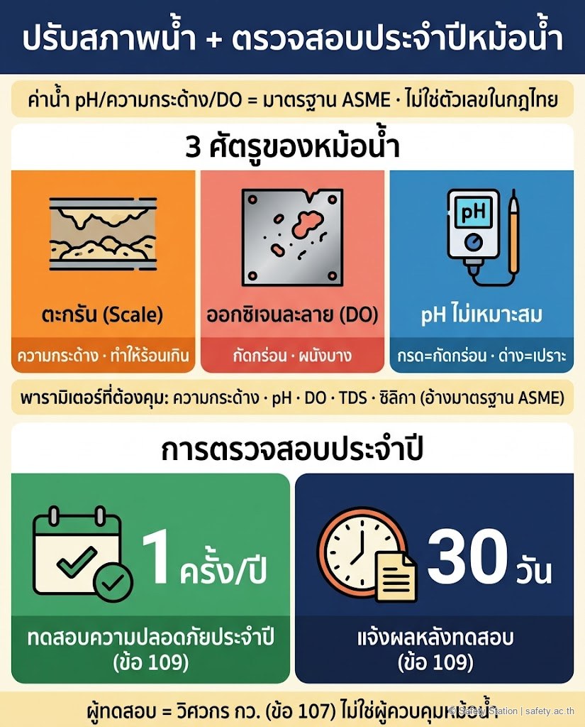 อินโฟกราฟิกแนวตั้งหม้อน้ำ — ส่วนบน 3 ศัตรู ตะกรัน ออกซิเจนละลาย และ pH ไม่เหมาะสม · ส่วนล่างการตรวจสอบประจำปีตามข้อ 109 ทดสอบ 1 ครั้ง/ปี แจ้งผลภายใน 30 วัน โดยวิศวกร พร้อมหมายเหตุว่าค่าน้ำมาจากมาตรฐาน ASME ไม่ใช่ตัวเลขในกฎไทย