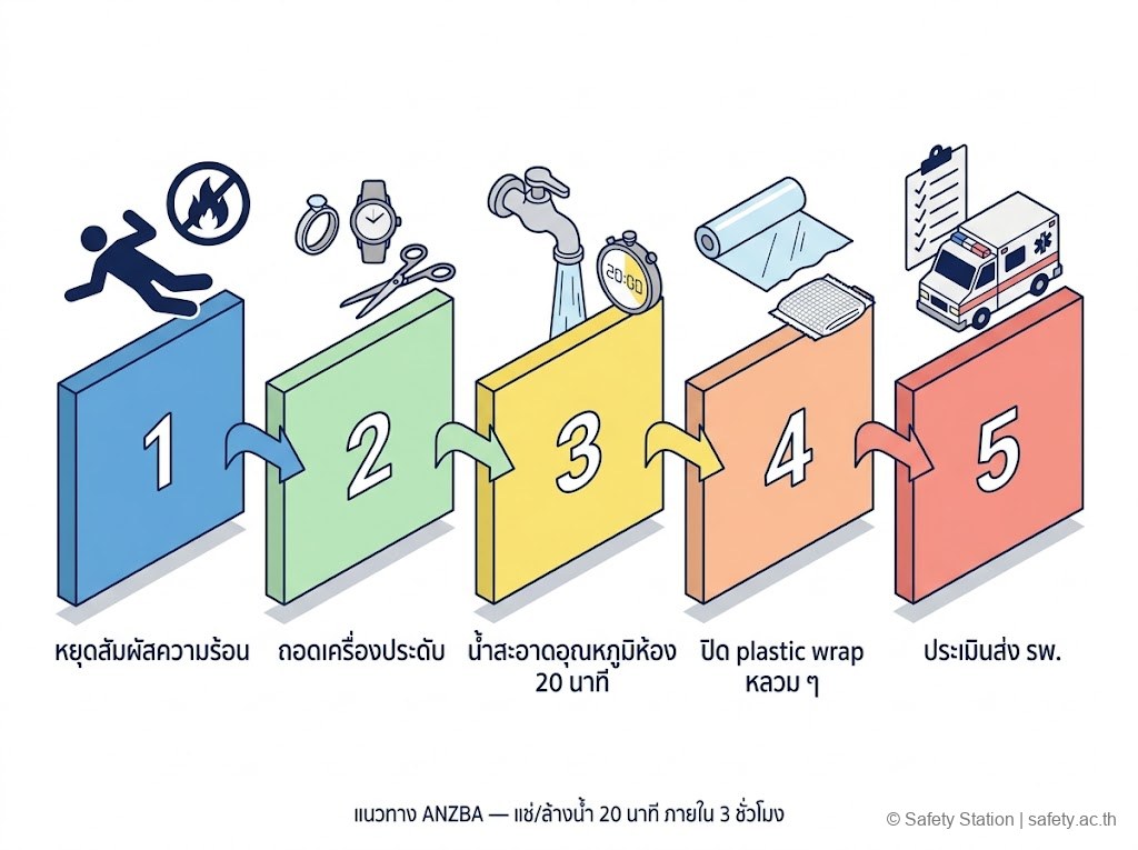 แผนภาพ isometric 5 ขั้นปฐมพยาบาลแผลไฟไหม้ — หยุดสัมผัสความร้อน ถอดเครื่องประดับ น้ำสะอาด 20 นาที ปิด plastic wrap ประเมินส่ง รพ. ตามแนวทาง ANZBA