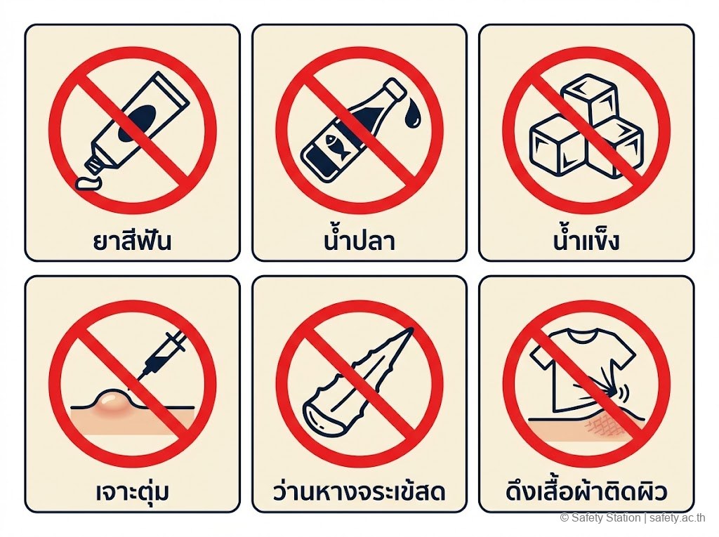 ชุดไอคอน 6 ข้อห้ามทาบนแผลไฟไหม้ — ยาสีฟัน น้ำปลา น้ำแข็ง เจาะตุ่ม ว่านหางจระเข้สด ดึงเสื้อผ้าติดผิว ทั้งหมดเพิ่มความเสี่ยงติดเชื้อหรือทำให้แผลลึกขึ้น