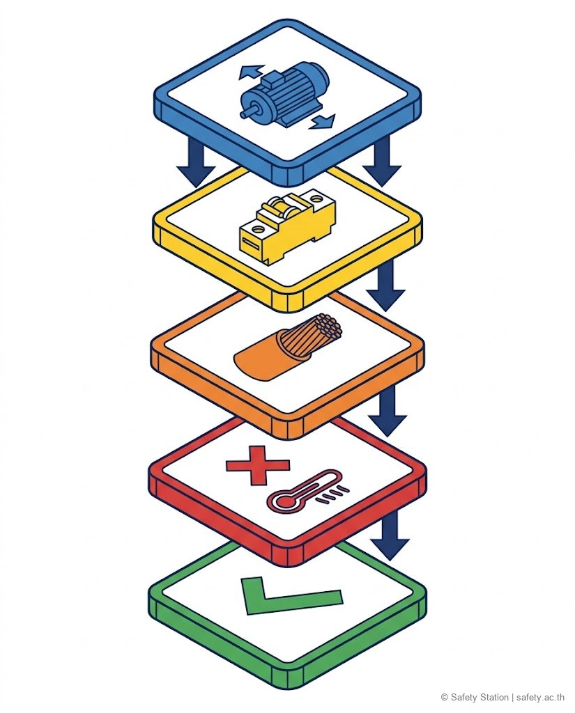 ไดอะแกรม isometric แสดงลำดับขั้นเลือกขนาดสายไฟ จากหาโหลด เลือกเบรกเกอร์ เปิดตาราง ampacity คูณ derating จนตรวจผ่าน