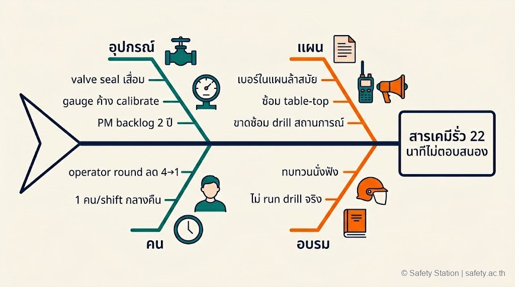 ผังก้างปลา fishbone diagram แสดง root cause ของสารเคมีรั่ว แตกเป็น 4 กิ่ง Equipment, People, Plan, Training พร้อมสาเหตุย่อยแต่ละกิ่ง