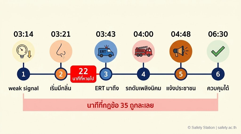 อินโฟกราฟิก timeline เหตุการณ์สารเคมีรั่ว 6 จุดเวลา ตั้งแต่ 03:14 weak signal จนถึง 06:30 ควบคุมได้ พร้อม highlight 22 นาทีที่ขาดการตอบสนอง