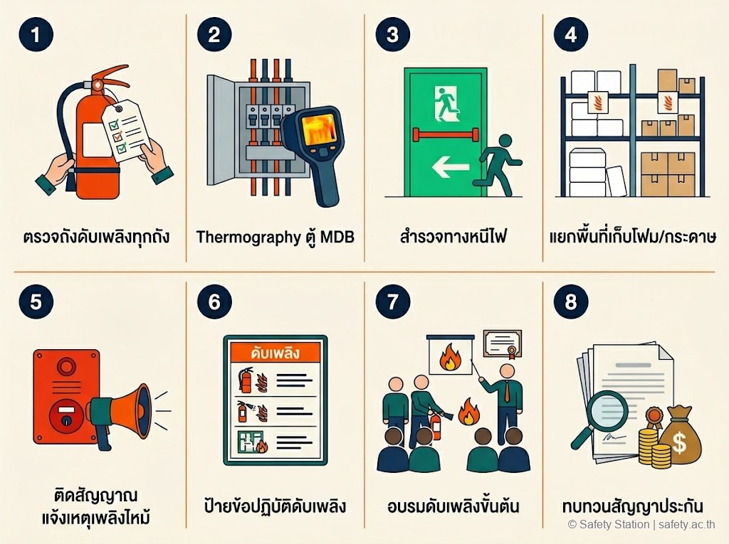ภาพประกอบ action 8 ข้อสำหรับผู้จัดการคลัง — ตรวจถังดับเพลิง, Thermography MDB, สำรวจทางหนีไฟ, แยกโฟม/กระดาษ, ติดสัญญาณแจ้งเหตุ, ป้ายข้อปฏิบัติ, อบรมดับเพลิงขั้นต้น, ทบทวนประกัน