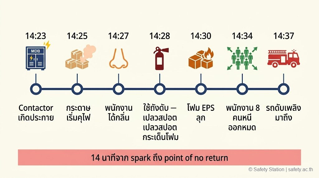 อินโฟกราฟิก timeline เหตุการณ์ไฟไหม้คลัง 7 จุดเวลา ตั้งแต่ 14:23 contactor ประกาย จนถึง 14:37 รถดับเพลิงมาถึง พร้อม highlight 14 นาทีจาก spark ถึง point of no return