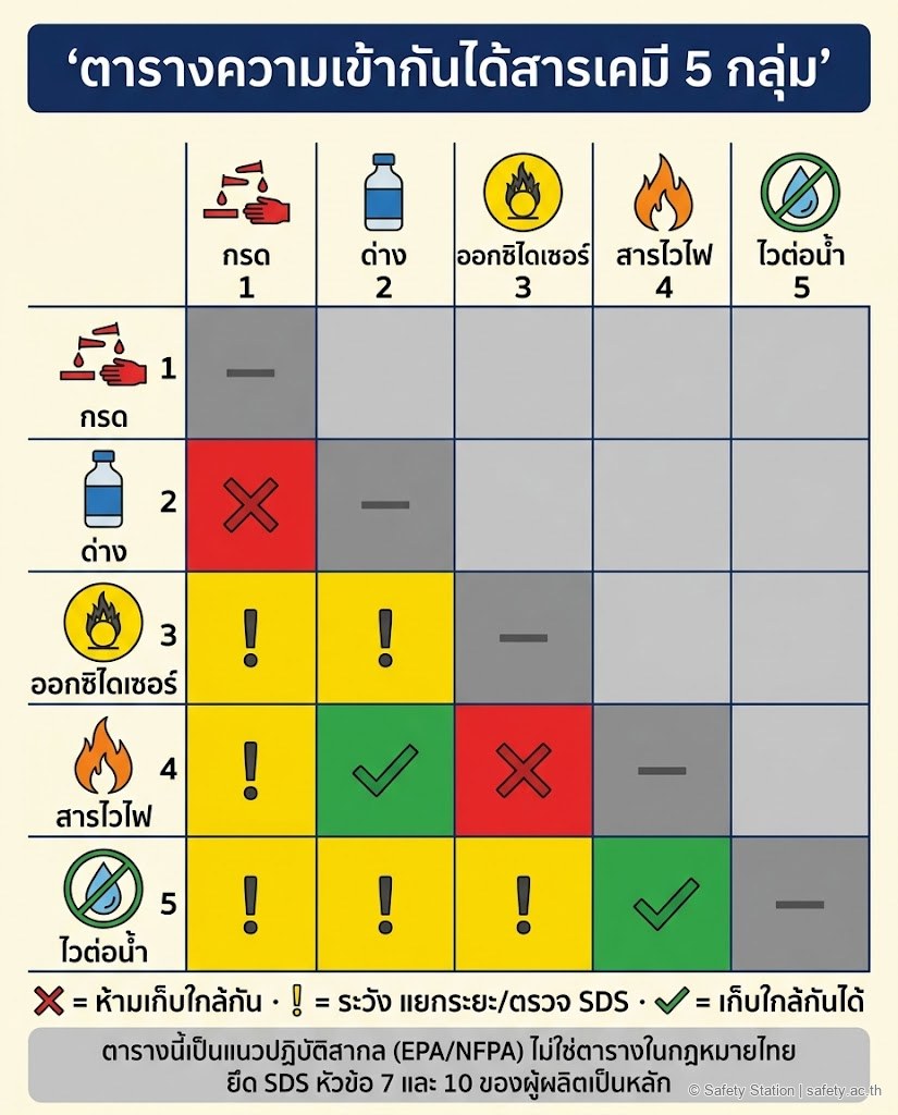 อินโฟกราฟิกตารางความเข้ากันได้สารเคมี 5x5 — 5 กลุ่ม กรด/ด่าง/ออกซิไดเซอร์/สารไวไฟ/ไวต่อน้ำ ช่องสีแดง X คือห้ามเก็บใกล้กัน (กรด-ด่าง, ออกซิไดเซอร์-ไวไฟ) ช่องเหลือง ! คือระวัง ช่องเขียว ✓ คือเข้ากันได้ ระบุว่าเป็นแนวปฏิบัติสากล EPA/NFPA ไม่ใช่ตารางในกฎหมายไทย ให้ยึด SDS หัวข้อ 7+10