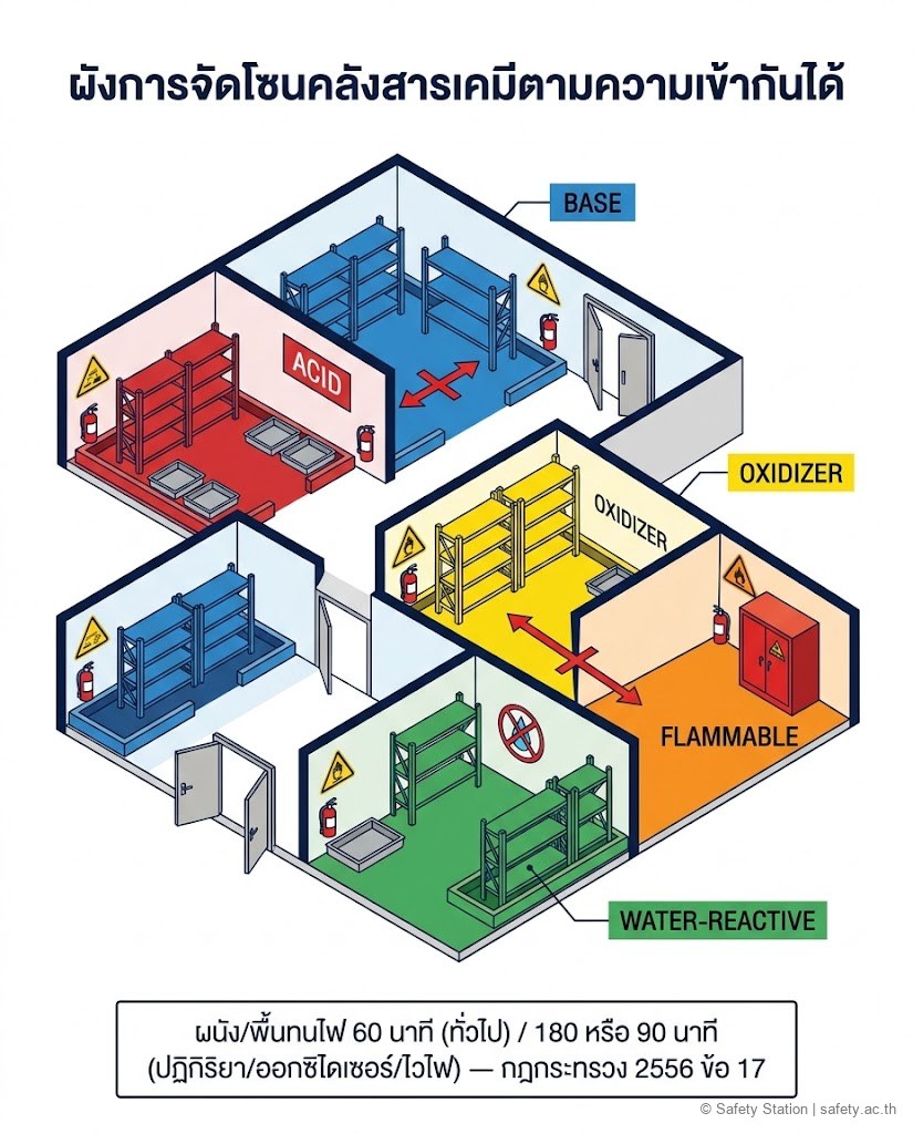 แผนภาพ isometric ผังจัดโซนคลังสารเคมีตามความเข้ากันได้ 5 โซน — กรด (แดง), ด่าง (น้ำเงิน), ออกซิไดเซอร์ (เหลือง), สารไวไฟ (ส้ม/ตู้แดง), ไวต่อน้ำ (เขียว) มีลูกศร X กั้นคู่อันตราย (กรด-ด่าง, ออกซิไดเซอร์-ไวไฟ) แต่ละโซนมีเขื่อนกักของเหลวและถังดับเพลิง ทางออก 2 ทาง ระบุผนังทนไฟ 60/90/180 นาที ตามข้อ 17