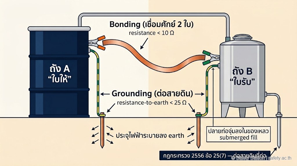 แผนภาพ flat-illustration วงจร bonding/grounding ระหว่างถัง drum 200 ลิตรกับถัง stainless 20 ลิตร — bonding cable เชื่อมระหว่าง 2 ถัง resistance <10 Ω / ground cable แต่ละถังลง ground rod resistance-to-earth <25 Ω ปลายท่อจุ่ม submerged fill อ้างข้อ 25(7)