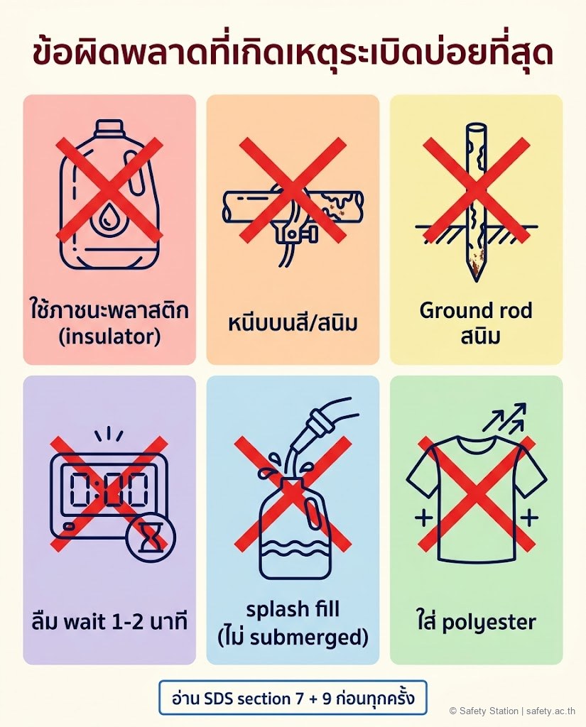 ชุดไอคอน 6 ข้อผิดพลาดในการถ่ายสารไวไฟ — ใช้ภาชนะพลาสติก / หนีบบนสี-สนิม / Ground rod สนิม / ลืม wait 1-2 นาที / splash fill ไม่ submerged / ใส่เสื้อ polyester (สร้างประจุ)