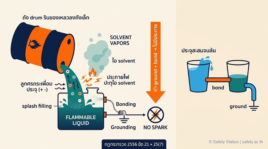 แผนภาพ flat-illustration อธิบายกลไก ESD ในการรินสารไวไฟ — ของเหลวไหลสะสมประจุไฟฟ้า splash filling เกิดประกายข้าม ไอ solvent ติดไฟ พร้อมอุปมาน้ำในแก้ว ground = ท่อระบาย / bond = เชื่อมแก้ว 2 ใบ อ้างข้อ 21 + 25(7)