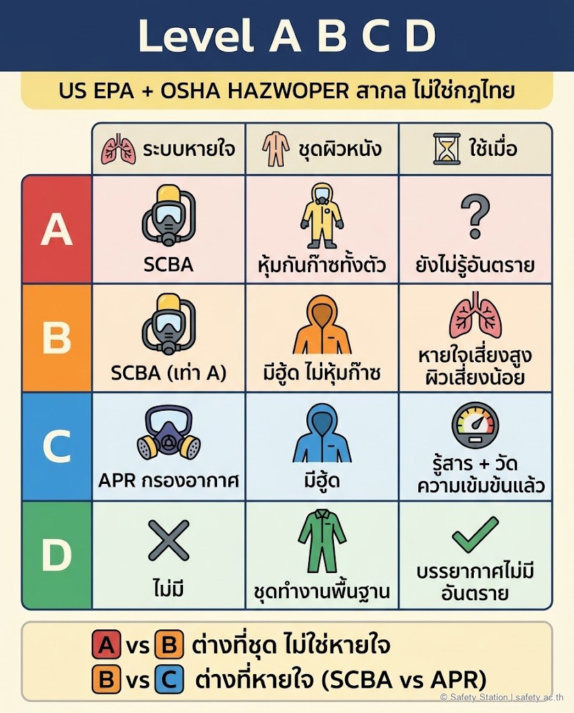 อินโฟกราฟิกตารางเทียบ 4 ระดับชุดป้องกันสารเคมี A/B/C/D ตามมาตรฐาน US EPA + OSHA HAZWOPER สากล (ไม่ใช่กฎไทย) แยกตามระบบหายใจ ชุดผิวหนัง และใช้เมื่อไหร่ — Level A ใช้ SCBA ชุดหุ้มกันก๊าซทั้งตัว ใช้เมื่อยังไม่รู้อันตราย · Level B ใช้ SCBA เท่า A แต่ชุดมีฮู้ดไม่หุ้มก๊าซ · Level C ใช้หน้ากากกรองอากาศ APR เมื่อรู้สารและวัดความเข้มข้นแล้ว · Level D ไม่มีระบบหายใจ เป็นชุดทำงานพื้นฐาน เน้นว่า A vs B ต่างที่ชุด และ B vs C ต่างที่ระบบหายใจ