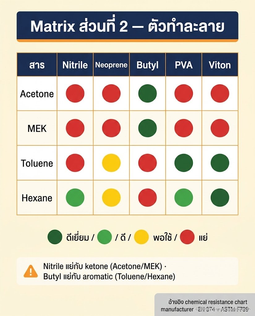 อินโฟกราฟิกแนวตั้ง matrix ส่วนที่ 2 — 5 วัสดุถุงมือ (Nitrile / Neoprene / Butyl / PVA / Viton) × 4 ตัวทำละลาย (Acetone, MEK, Toluene, Hexane) แสดงระดับความทนด้วยวงกลมสี เน้น Nitrile แย่กับ ketone และ Butyl แย่กับ aromatic อ้างอิง chemical resistance chart ตาม EN 374 + ASTM F739