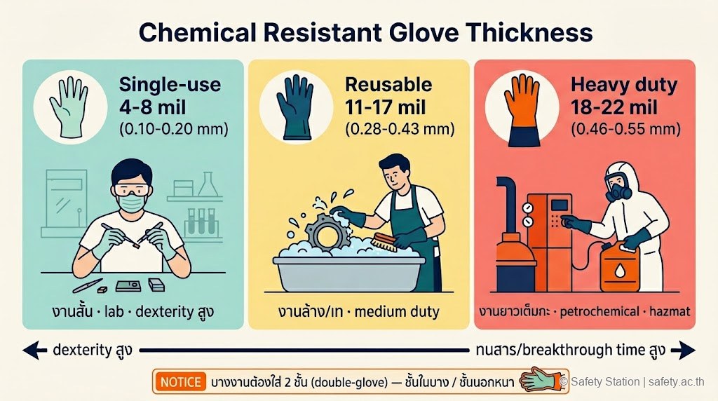 แผนภาพ flat-illustration เลือกความหนาถุงมือกันสารเคมี 3 ระดับ — Single-use 4-8 mil (lab dexterity สูง) / Reusable 11-17 mil (งานล้าง medium duty) / Heavy duty 18-22 mil (petrochemical/hazmat ใส่ยาวเต็มกะ) trade-off ระหว่าง dexterity กับ breakthrough time