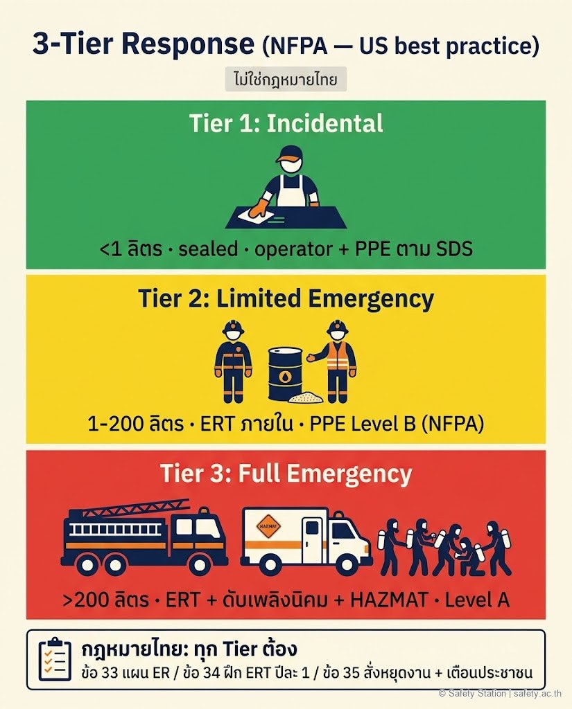 อินโฟกราฟิก 3 ระดับการตอบสนองสารเคมีหก Incidental Limited Emergency Full Emergency พร้อมขอบเขตปริมาณ ทีมที่เข้า และ PPE level