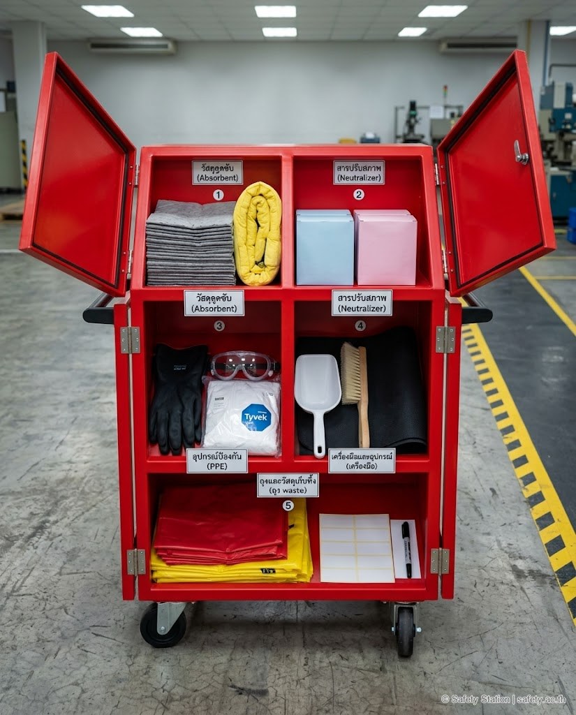 ภาพ Spill Kit เปิดอยู่บนพื้นโรงงาน แสดง 5 ส่วน absorbent neutralizer PPE tools waste bags พร้อม label แต่ละช่อง