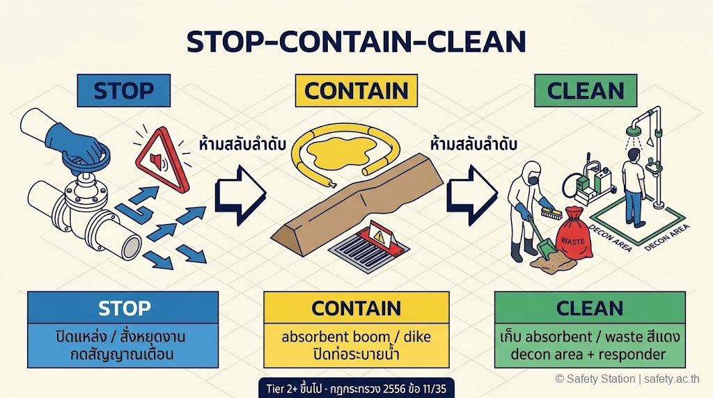 ผังขั้นตอน STOP-CONTAIN-CLEAN สามเฟส STOP-ปิดแหล่ง อพยพ แจ้งเตือน CONTAIN-ล้อม absorbent boom dike CLEAN-ดูดซับ เก็บใส่ภาชนะอันตราย decon area