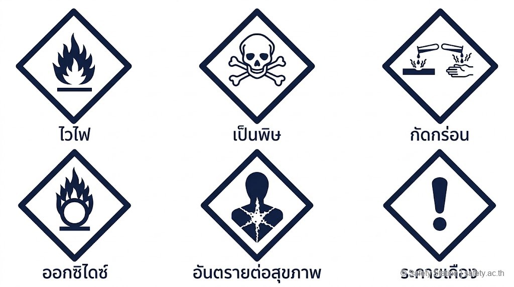 ภาพ icon-set แสดง GHS pictogram 6 สัญลักษณ์ที่พบบ่อย — ไวไฟ, เป็นพิษ, กัดกร่อน, ออกซิไดซ์, อันตรายต่อสุขภาพ, ระคายเคือง — สำหรับฉลากสารเคมีอันตรายตามกฎกระทรวง 2556