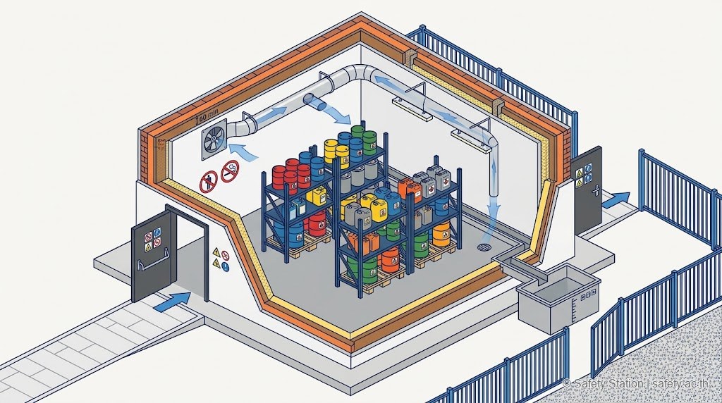 อิโซเมตริก cutaway ของห้องเก็บสารเคมีอันตราย — ผนังทนไฟ 60 นาที, ทางเข้าออก 2 ทางประตูทนไฟ, เขื่อนกักการรั่วไหล + รางระบายแยก, และระบบระบายอากาศ