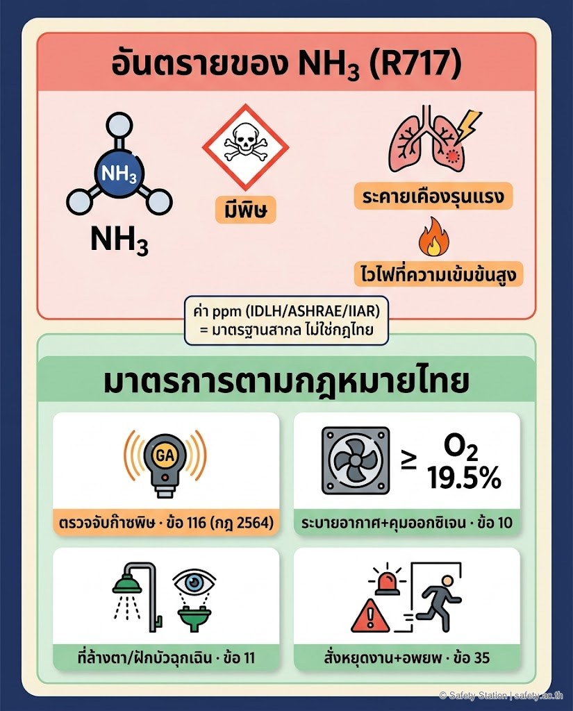 อินโฟกราฟิกแอมโมเนีย NH3 — อันตราย (มีพิษ ระคายเคือง ไวไฟ) กับมาตรการตามกฎหมายไทย (ตรวจจับก๊าซ ข้อ 116, ระบายอากาศคุมออกซิเจน 19.5% ข้อ 10, ที่ล้างตา/ฝักบัว ข้อ 11, สั่งหยุดงานอพยพ ข้อ 35) ระบุว่าค่า ppm เป็นมาตรฐานสากลไม่ใช่กฎไทย