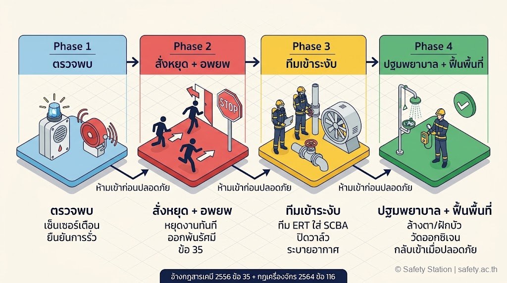 ไอโซเมตริกขั้นตอนตอบสนองแอมโมเนียรั่ว 4 เฟส — ตรวจพบ (เซ็นเซอร์เตือน), สั่งหยุด+อพยพทันที (ข้อ 35), ทีม ERT ใส่ SCBA ปิดวาล์วระบายอากาศ, ปฐมพยาบาลล้างตา/ฝักบัว+วัดออกซิเจนก่อนกลับเข้า