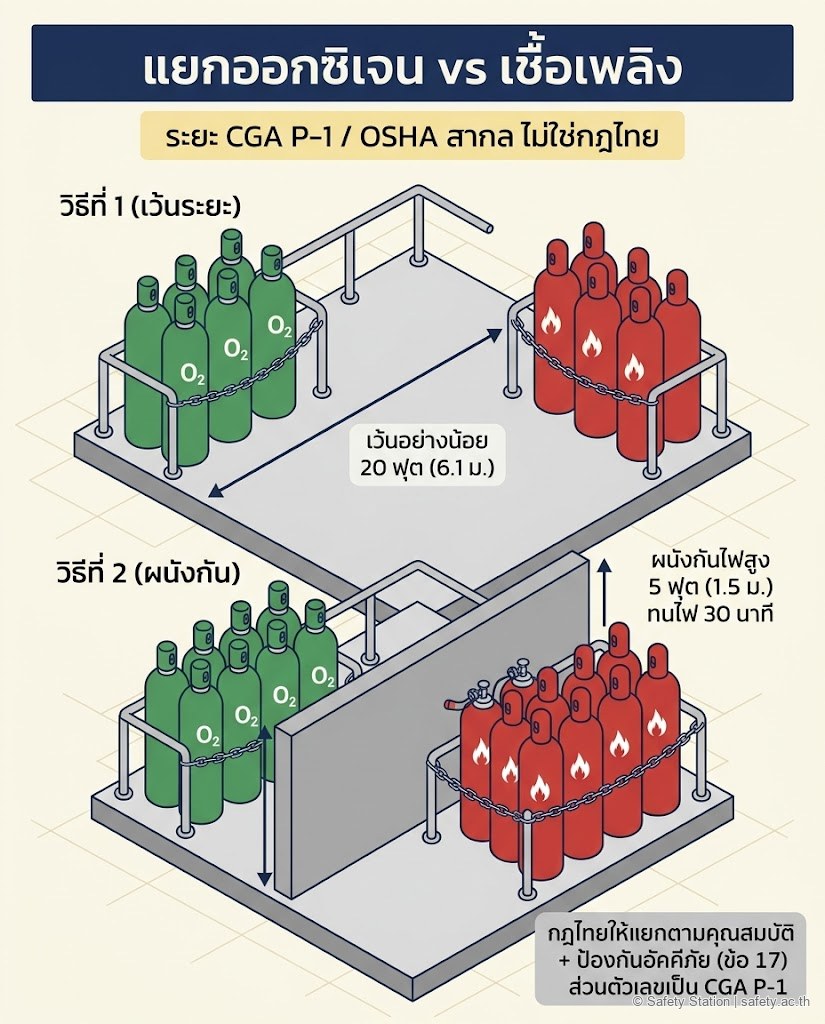 ไดอะแกรม isometric แสดง 2 วิธีแยกถังออกซิเจนจากก๊าซเชื้อเพลิงตามมาตรฐาน CGA P-1 / OSHA สากล (ไม่ใช่กฎไทย) — วิธีที่ 1 เว้นระยะอย่างน้อย 20 ฟุต (6.1 เมตร) ระหว่างกลุ่มถัง · วิธีที่ 2 คั่นด้วยผนังกันไฟสูง 5 ฟุต (1.5 เมตร) ทนไฟ 30 นาที โดยถังทุกใบยึดโซ่และมีฝาครอบวาล์ว พร้อมหมายเหตุว่ากฎไทยให้แยกตามคุณสมบัติและป้องกันอัคคีภัยตามข้อ 17